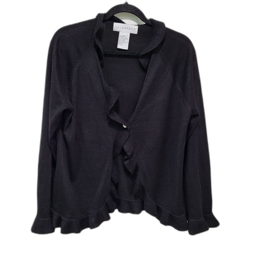 Sweater with Ruffle Collar and Hem Rhinestone Button - Size Large